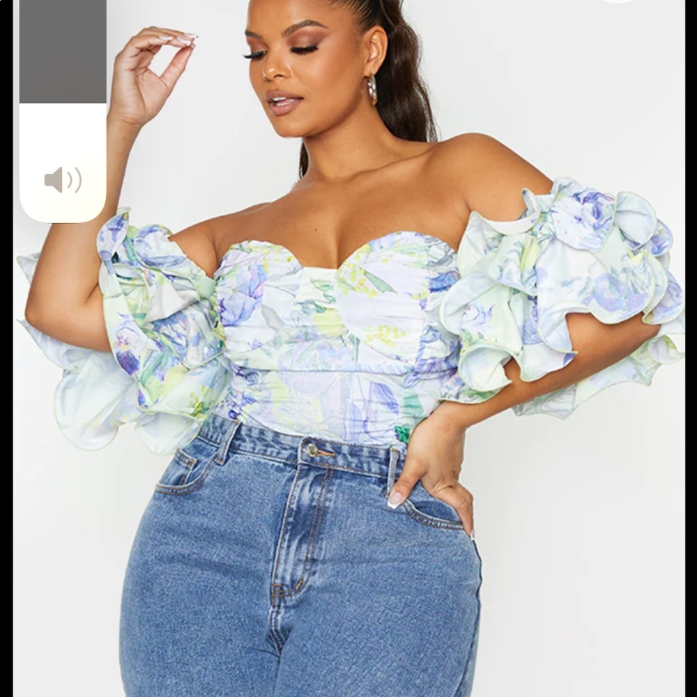 White Floral Ruffle Puff Sleeve Bardot Crop Top